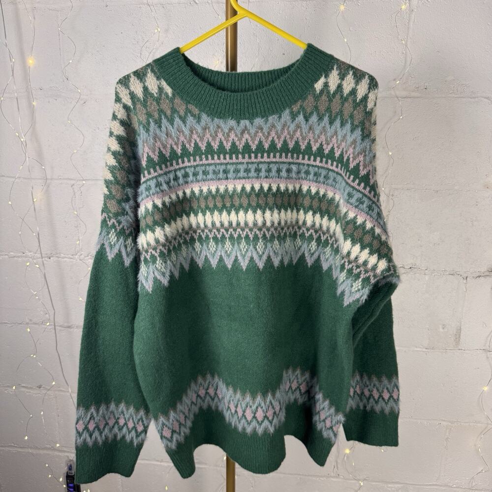 altar’d state women’s XXL green Fair Isle fuzzy knit sweater oversized Nordic